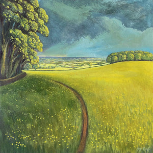 Painting of a path curving around the edge of a field by artist Angie Rooke