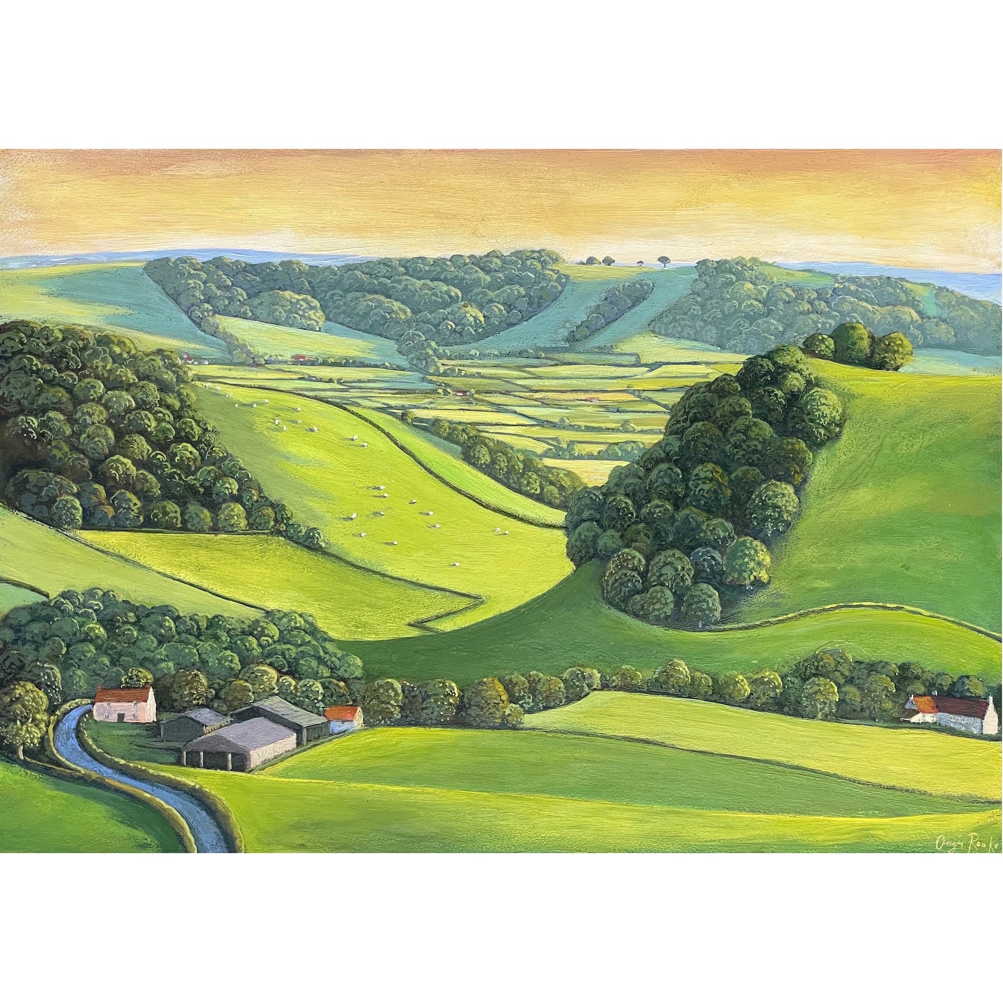 Painting of trees, a farm and rolling fields by artist Angie Rooke
