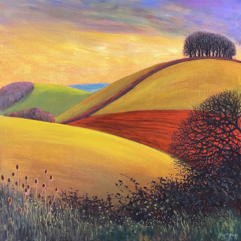 Painting of a hilltop copse and rolling fields with the sea in the distance by artist Angie Rooke