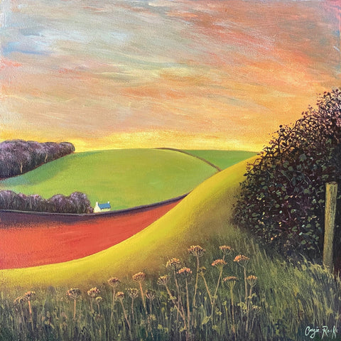 Painting of trees, a farm and rolling fields by artist Angie Rooke