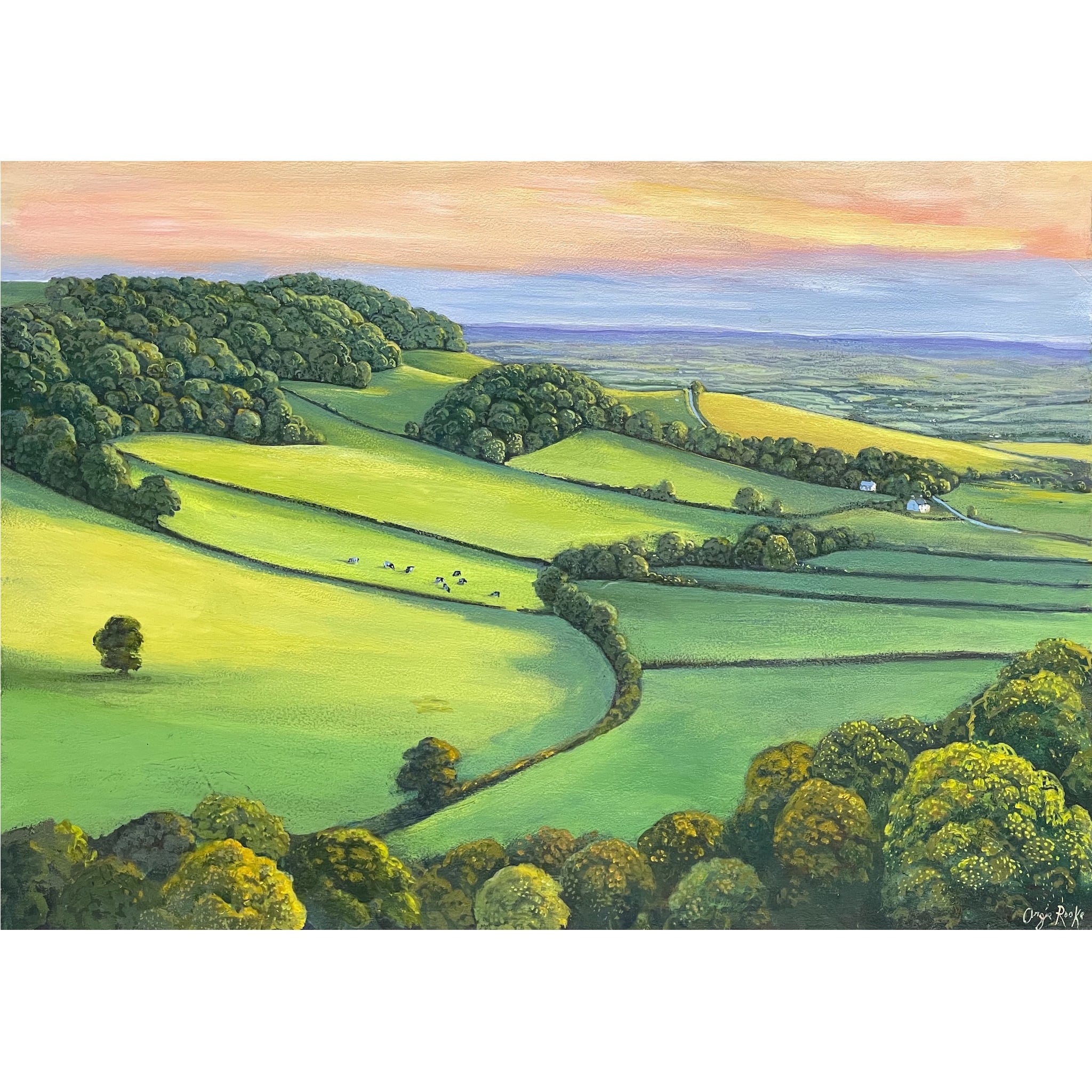 Painting of trees, cows and rolling fields by artist Angie Rooke