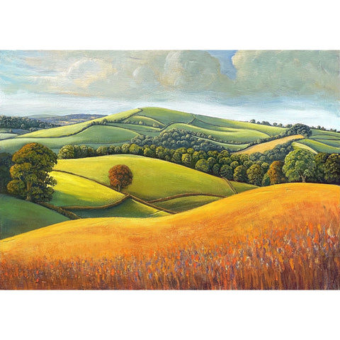 Painting of trees, rolling fields and the late summer wheat by artist Angie Rooke