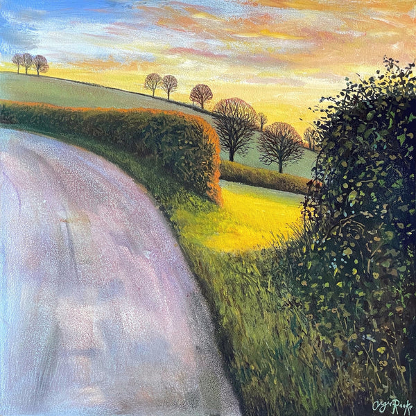 Painting of a country lane at sunrise by artist Angie Rooke