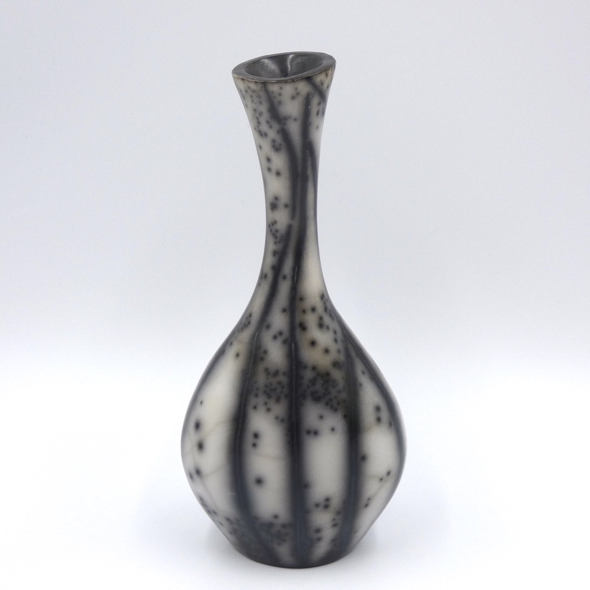 Raku fired narrow necked vase by artist Helen Rondell