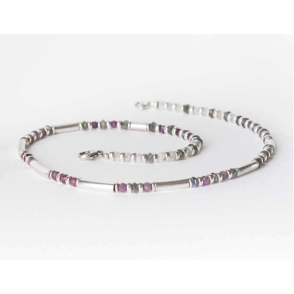 Sterling silver necklace with corundum and labradorite beads by jeweller Kathleen Appleyard
