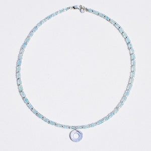 Sterling silver inner circle necklace with aquamarine beads by jeweller Kathleen Appleyard