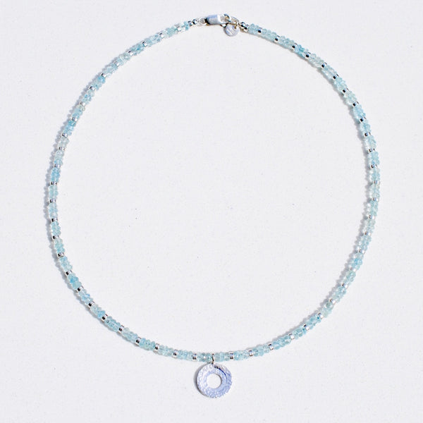 Sterling silver inner circle necklace with aquamarine beads by jeweller Kathleen Appleyard