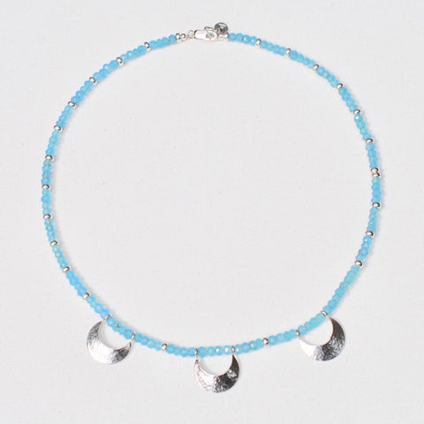 Sterling silver crescent moon necklace with apatite beads by jeweller Kathleen Appleyard