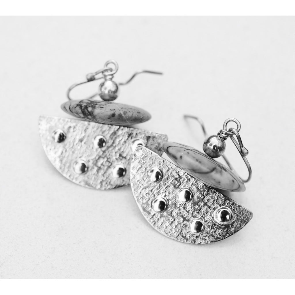 Sterling silver earrings with picasso jasper beads by jeweller Kathleen Appleyard