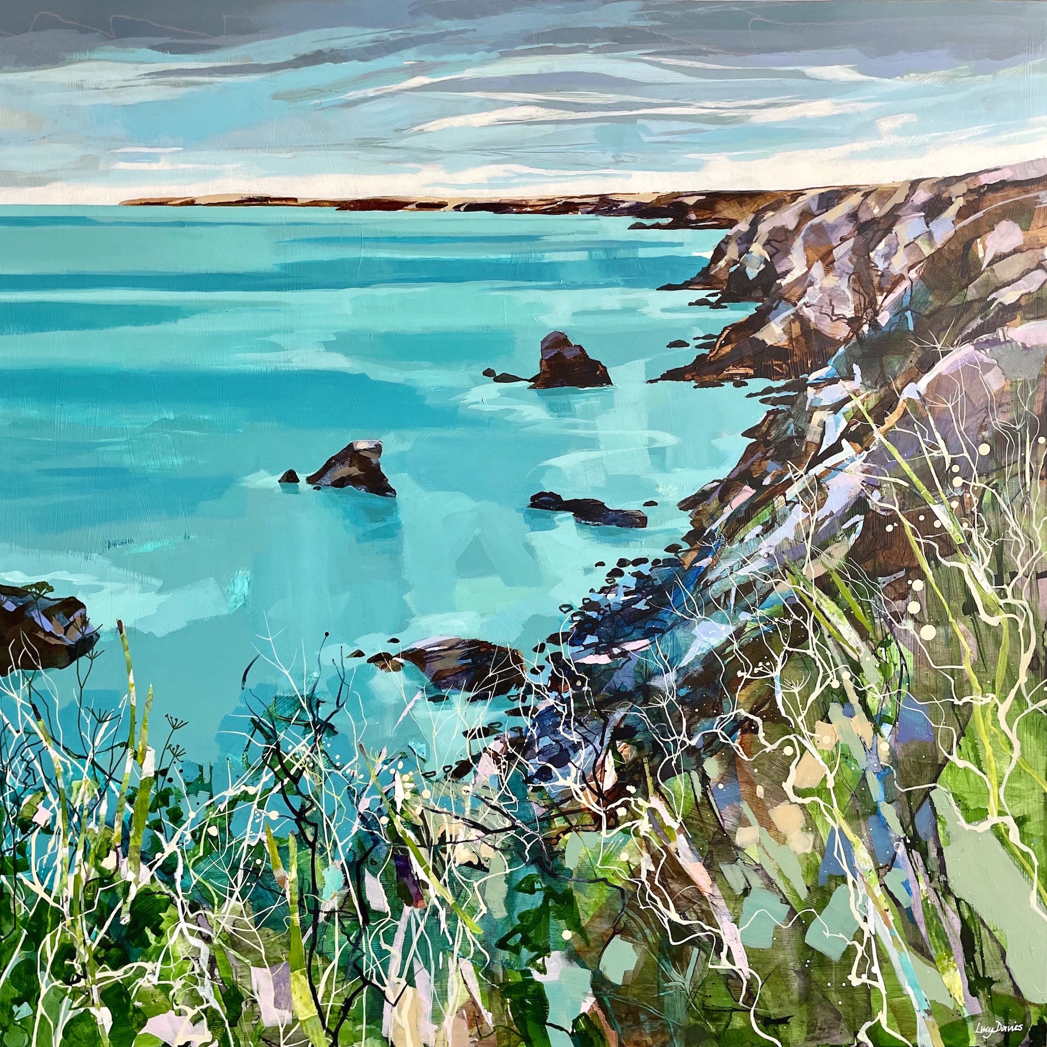Painting of the north cliffs near Godrevy Lighthouse, Cornwall by artist Lucy Davies
