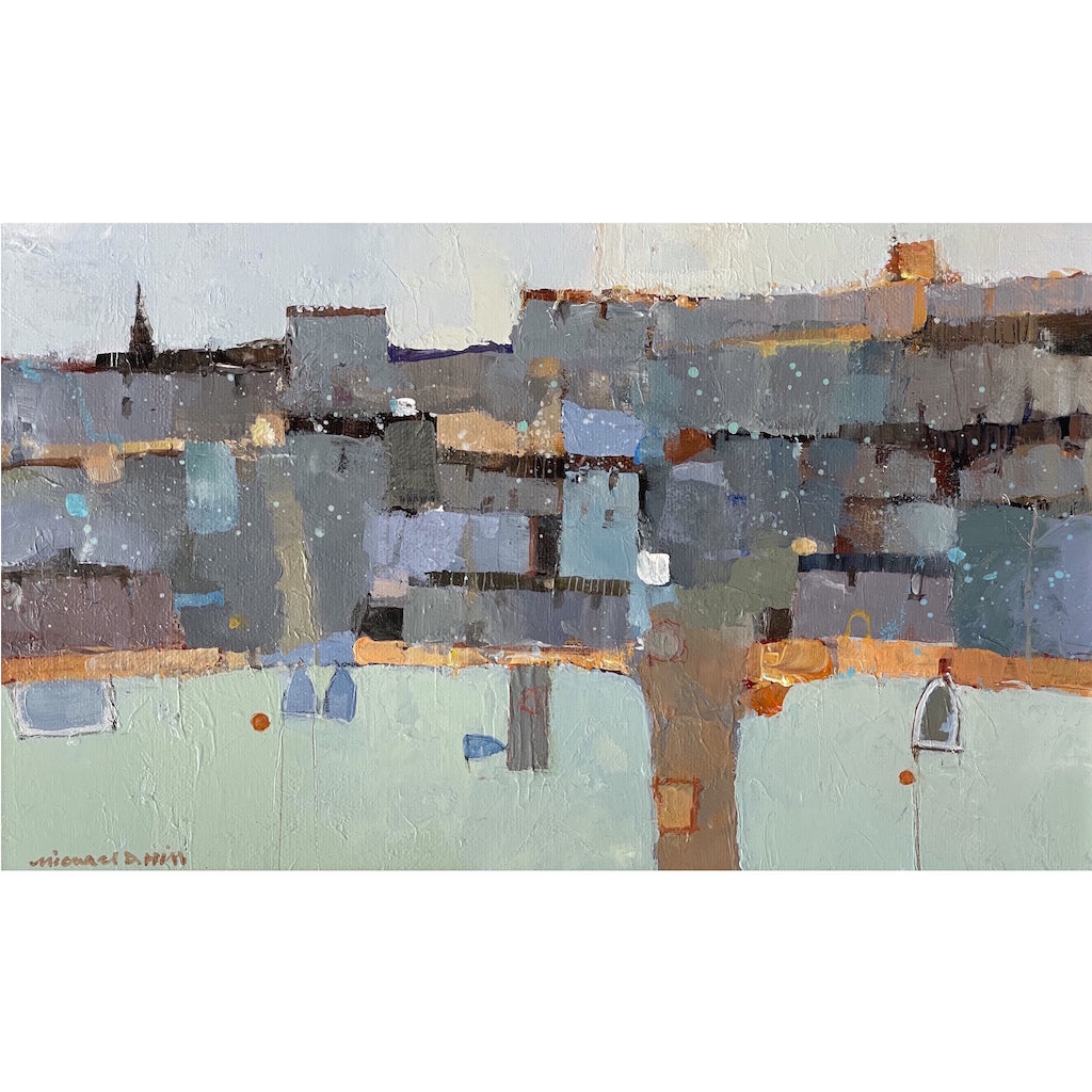 Semi abstract painting of buildings and boats on the coast by artist Michael Hill