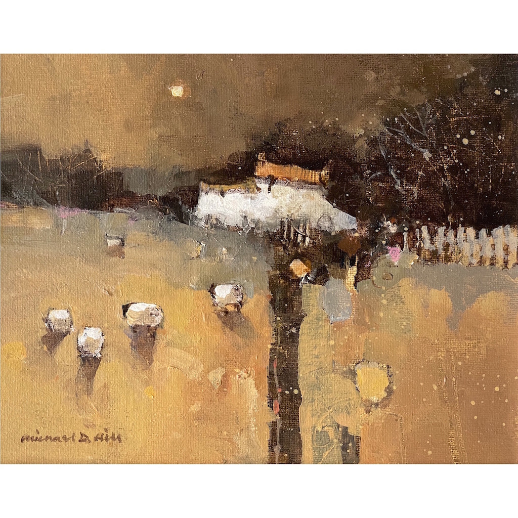 Painting of a cottage and grazing sheep by artist Michael Hill