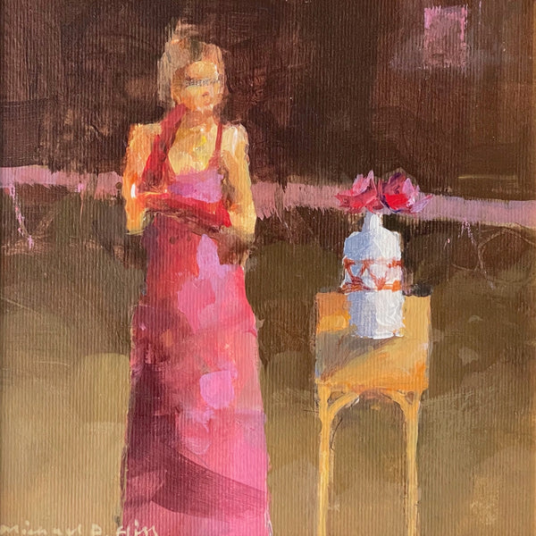 Painting of a lady wearing a red gloves, standing next to a beautiful vase of flowers by artist Michael Hill