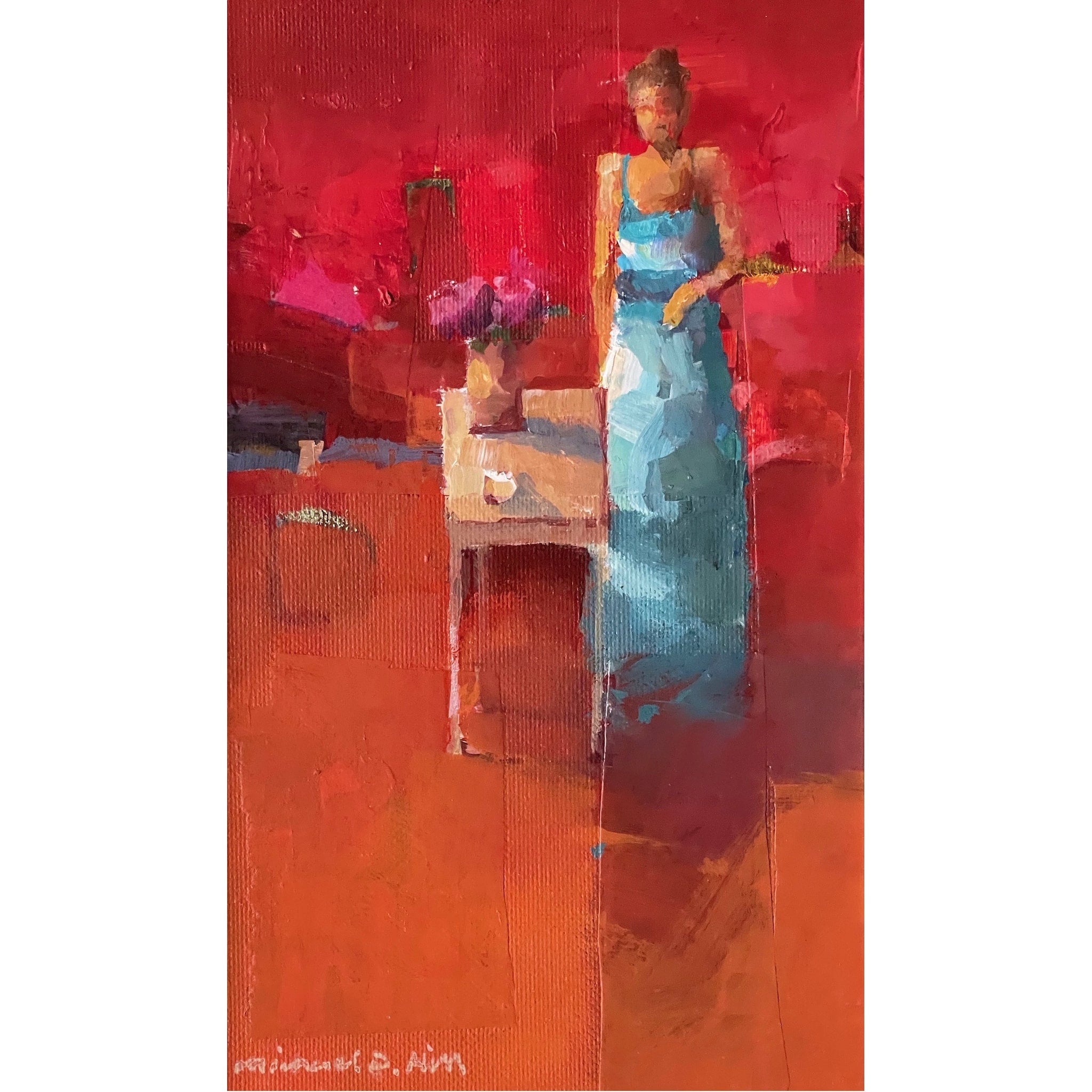 Painting of a lady wearing a beautiful dress in a bright red room by artist Michael Hill