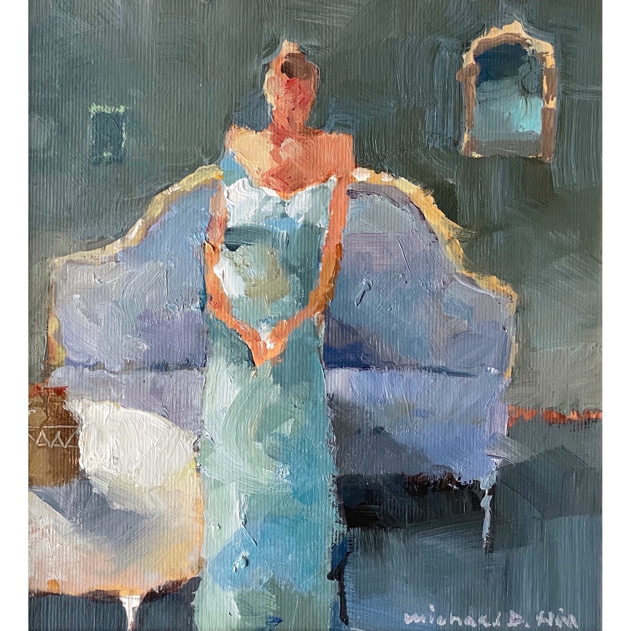 Painting of a lady wearing a beautiful dress by artist Michael Hill