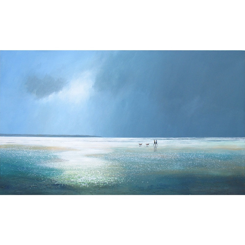 Limited edition print of a couple walking their dogs on a sparkling beach by artist Michael Sanders