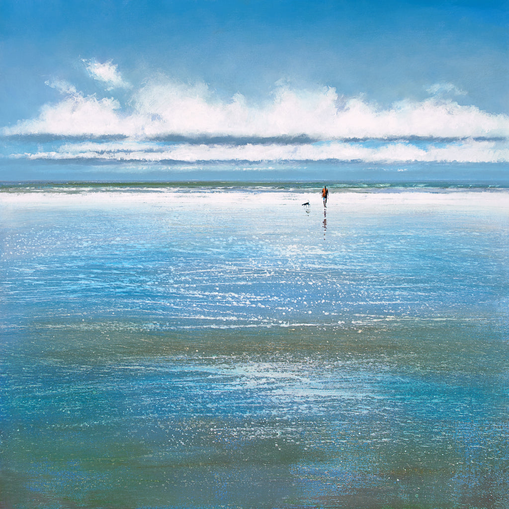 Limited edition print of a man walking his dog at low tide by artist Michael Sanders
