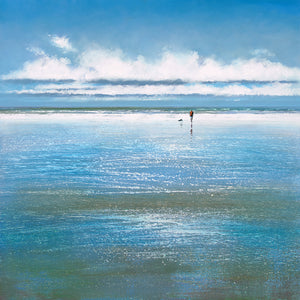 Limited edition print of a man walking his dog at low tide by artist Michael Sanders