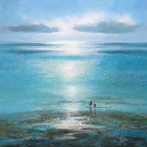 Limited edition print of two people walking on a sparkling beach with sail boats in the distance by artist Michael Sanders