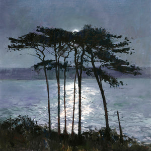 Limited edition print of pine trees on the banks of the Helford River, illuminated by the moon by artist Michael Sanders