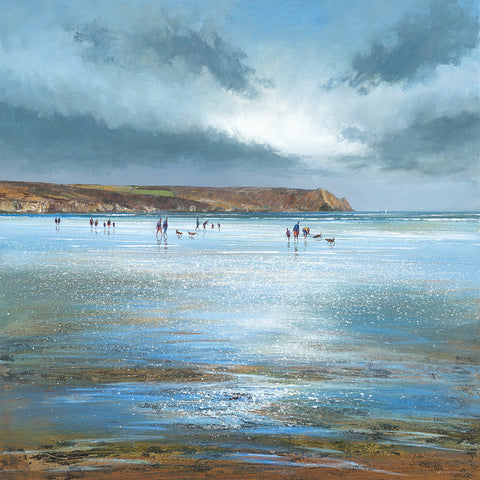 Limited edition print of people walking their dogs on Carne Beach, Cornwall by artist Michael Sanders
