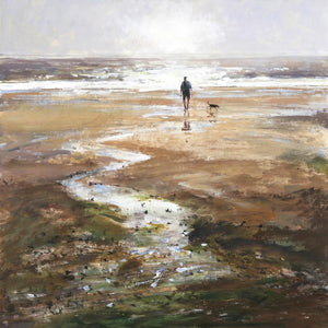 Limited edition print of a man walking his dog on a sparkling beach by artist Michael Sanders