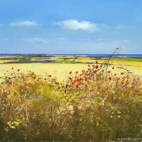 Limited edition print of hedgerow fields and the sea in the distance by artist Michael Sanders
