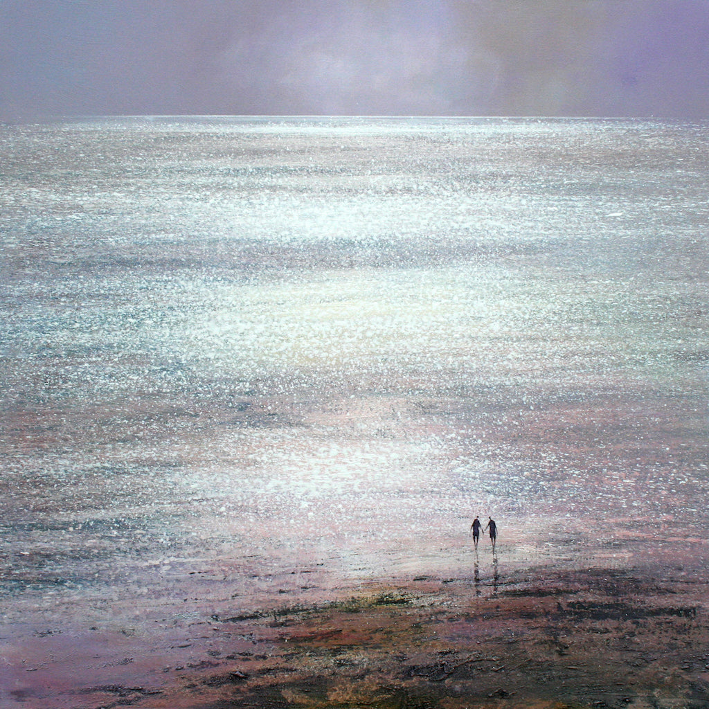 Limited edition print of a couple holding hands on a sparkling beach by artist Michael Sanders