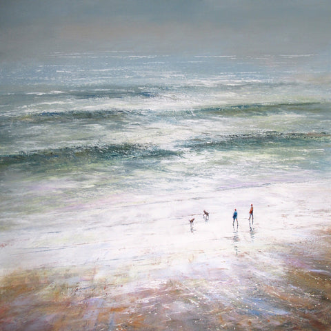 Limited edition print of a couple and two dogs walking on the beach on a stormy day by artist Michael Sanders