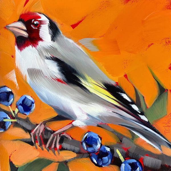 Painting of a goldfinch and sloes by artist Tracey Elphick