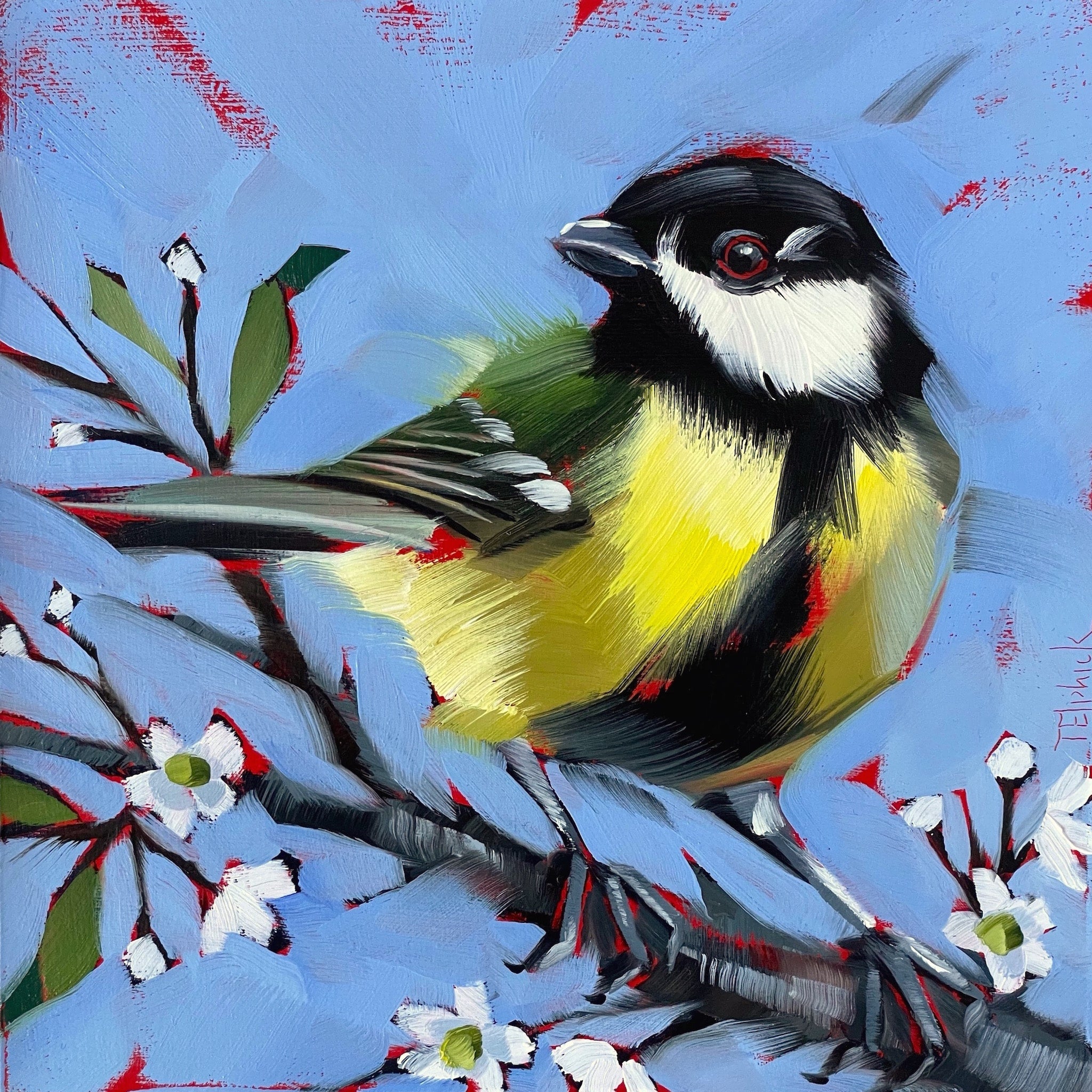 Painting of a great tit and blossom by artist Tracey Elphick