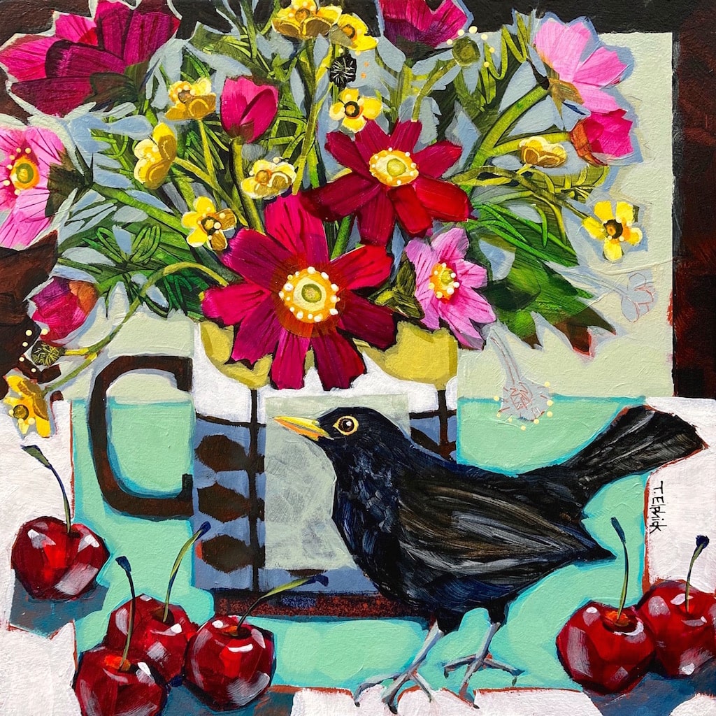 Limited edition print of a blackbird, cosmos and cherries by artist Tracey Elphick