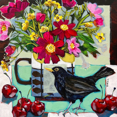 Limited edition print of a blackbird, cosmos and cherries by artist Tracey Elphick
