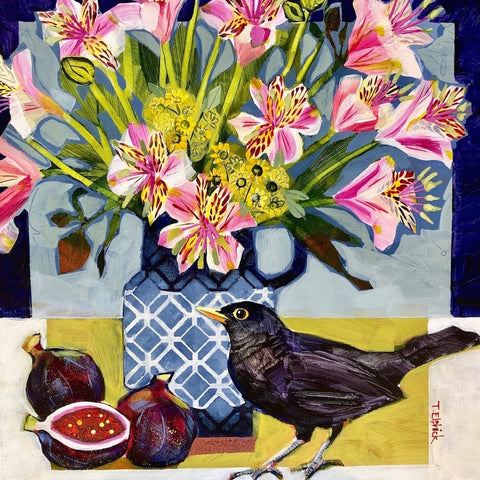Limited edition print of a blackbird, figs and alstroemeria by artist Tracey Elphick
