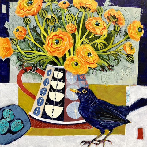 Limited edition print of a blackbird, eggs and ranunculus by artist Tracey Elphick