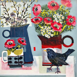 Limited edition print of a blackbird and red anemones by artist Tracey Elphick