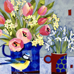 Limited edition print of a blue tit, pink tulips and snowdrops by artist Tracey Elphick