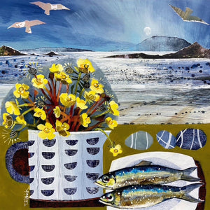 Limited edition print of buttercups, sardines, seabirds and pebbles on Tresco, Isles of Scilly by artist Tracey Elphick