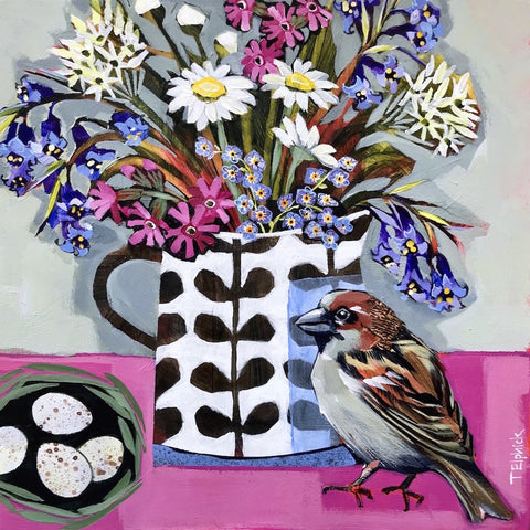 Limited edition print of a bird, eggs and flowers by artist Tracey Elphick