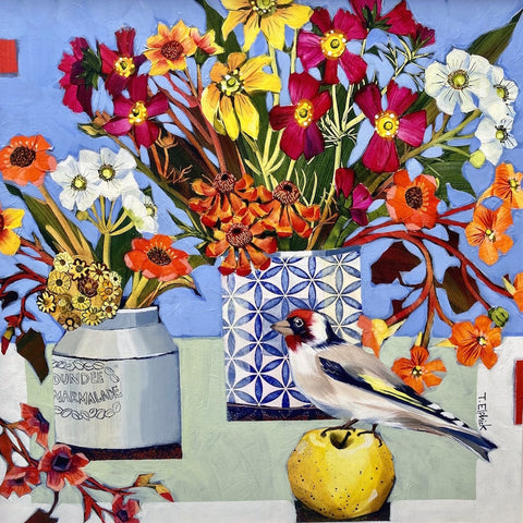 Limited edition print of a goldfinch, an apple and flowers by artist Tracey Elphick