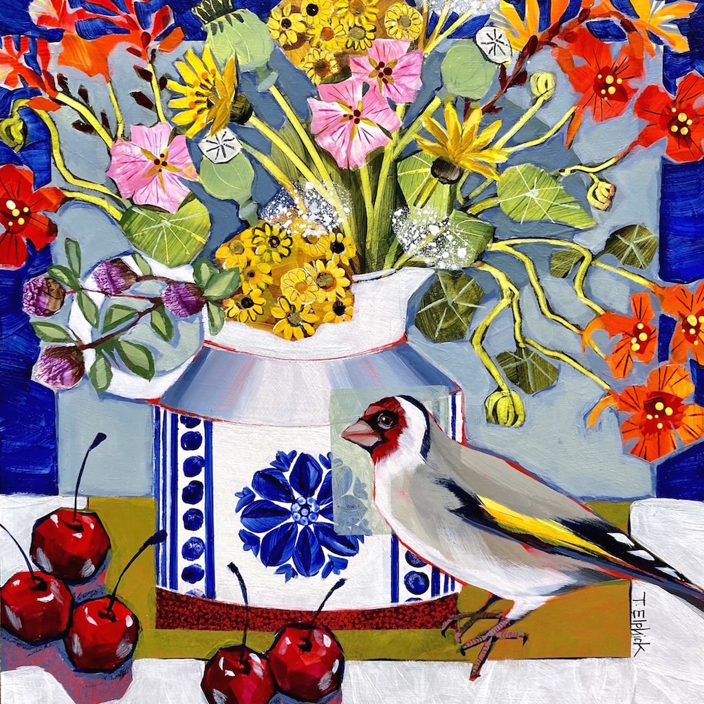 Limited edition print of a goldfinch, cherries and late summer flowers by artist Tracey Elphick
