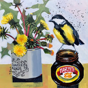 Limited edition print of a great tit and dandelions by artist Tracey Elphick