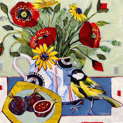 Limited edition print of a great tit, figs and poppies by artist Tracey Elphick