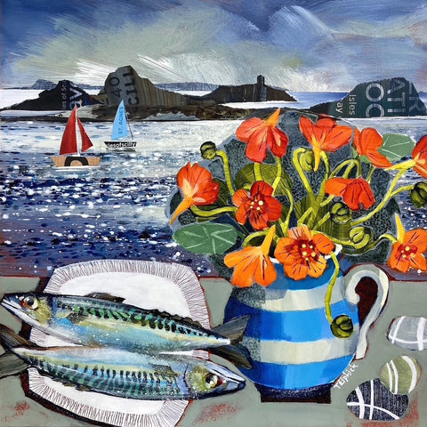 Limited edition print of nasturtiums, mackerel, boats and pebbles on St Agnes, Isles of Scilly by artist Tracey Elphick