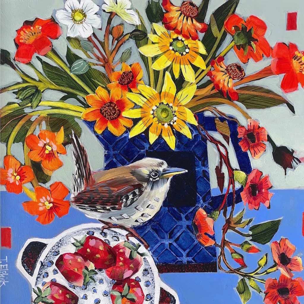 Limited edition print of a wren and strawberries by artist Tracey Elphick