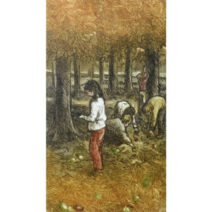 Limited edition etching of people foraging in the woods by artist Valerie Christmas