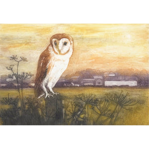 Limited edition etching of a barn owl and distant farm by artist Valerie Christmas