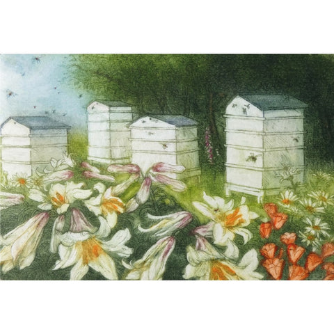Limited edition etching of bee hives and flowers by artist Valerie Christmas