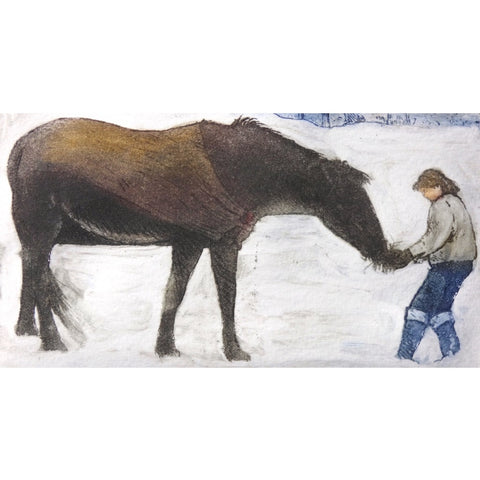 Limited edition etching of a young woman feeding a horse in the snow by artist Valerie Christmas