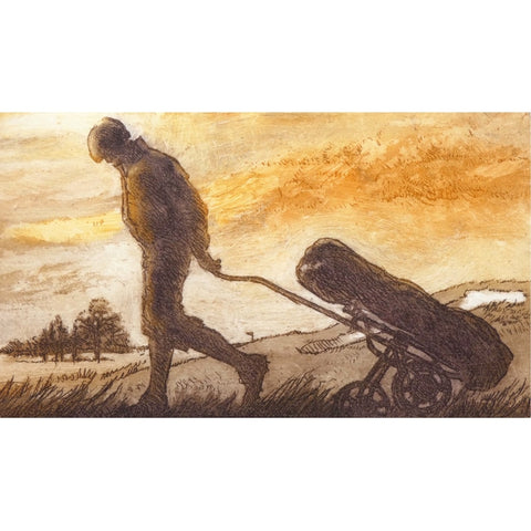 Limited edition etching of a golfer walking back to the clubhouse at the end of the day by artist Valerie Christmas